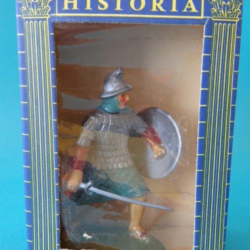 Boîte bleue vitrée avec Franc bouclier rond et épée.