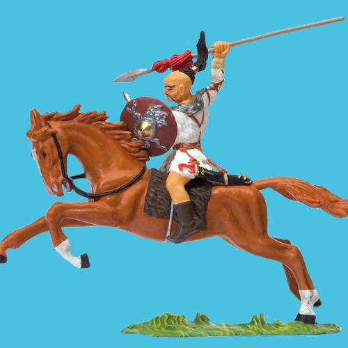 663-50479  Hun à cheval avec lance levée et bouclier.