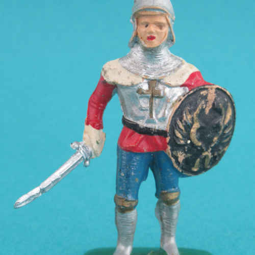 RF03 Chevalier avec casque à plumet, épée et bouclier rond.