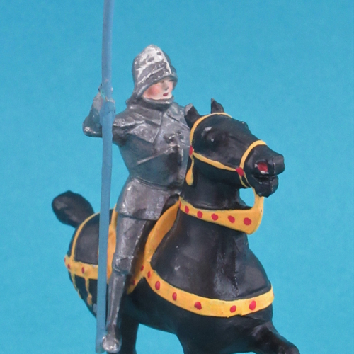 Chevalier à cheval, casque salade avec lance, pennon, étendard, avec ou sans bouclier (3).