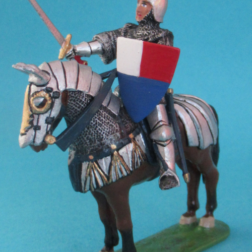 SJ-04a Chevalier sur cheval bardé (type I) avec épée, écu et casque (XVe siècle).