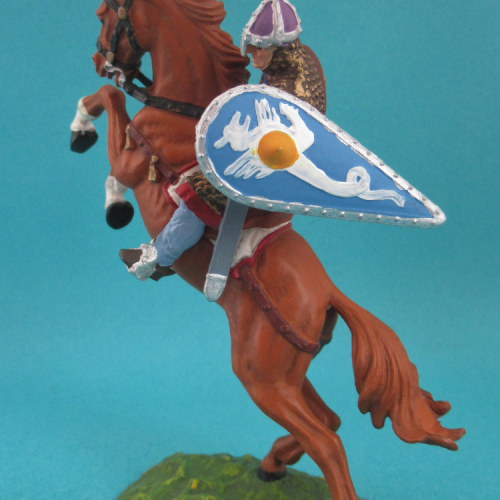 51047 Cavalier normand sur cheval cabré, frappant avec épée et bouclier oblong.