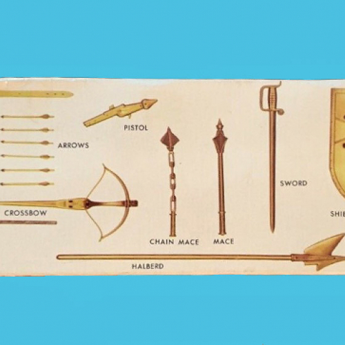 L'équipement du chevalier illustré sur le côté la boîte.