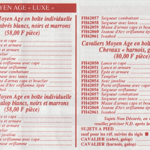 Références des cavaliers au catalogue 1995.