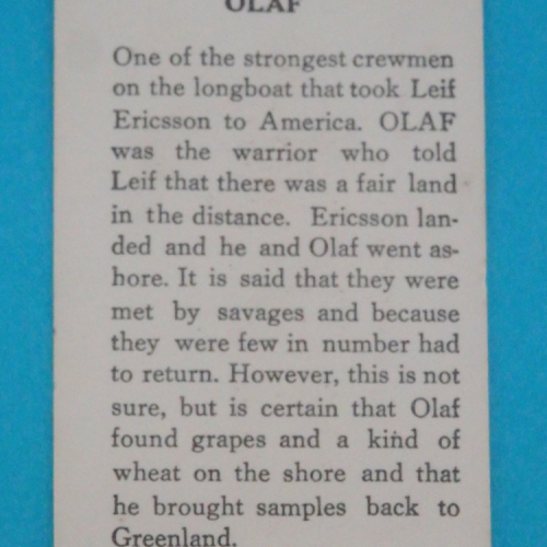 Verso de la carte avec la description d'Olaf, personnage fictif.