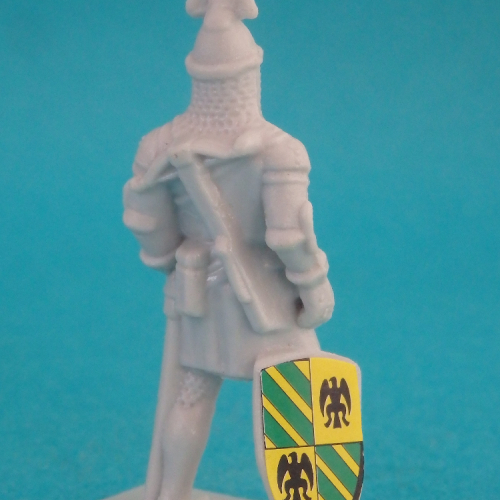 01. Chevalier de faction avec épée et bouclier au sol.
