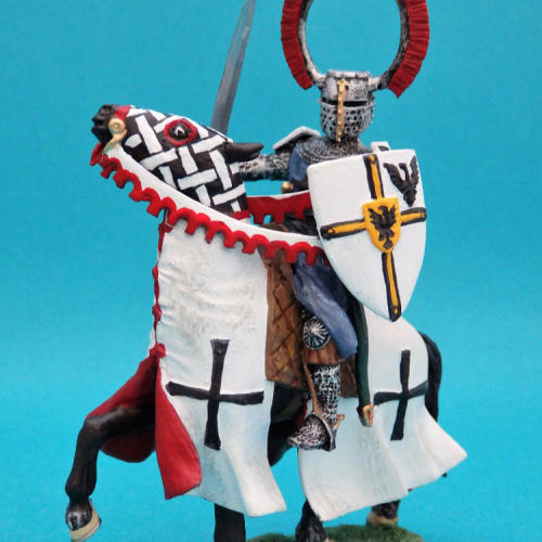 Chevalier teutonique à cheval avec épée et bouclier.