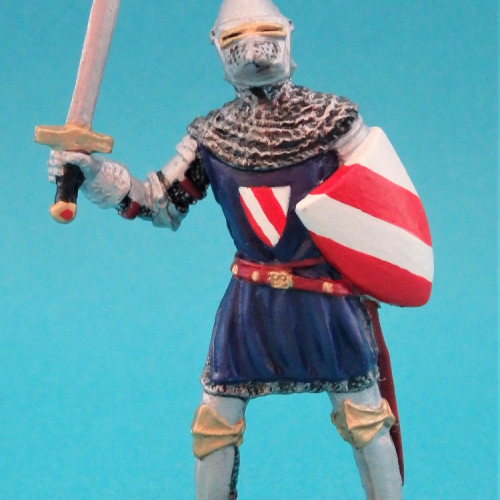 Chevalier avec épée, écu et casque à visière fermée, attaquant vers sa droite - HS056 (kit peint avec blason non repris dans catalogue).