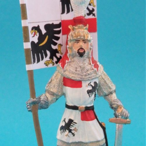 Chevalier de faction avec bannière, épée au sol, casque à plumet (non repris au catalogue actuel, ancienne référence HS066).
