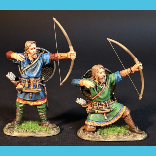 VIK38A    Set de 2 vikings archers tirant, 1 debout, 1 à genoux.