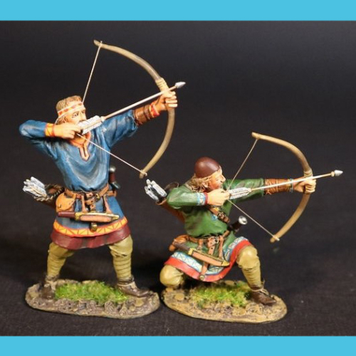 VIK39A    Set de 2 vikings archers prêts à tirer, 1 debout, 1 à genoux.
