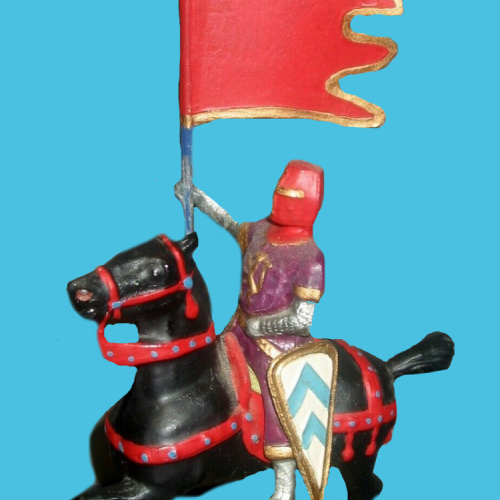 Cavalier du XII ième siècle avec heaume, oriflamme et bouclier à deux chevrons.
